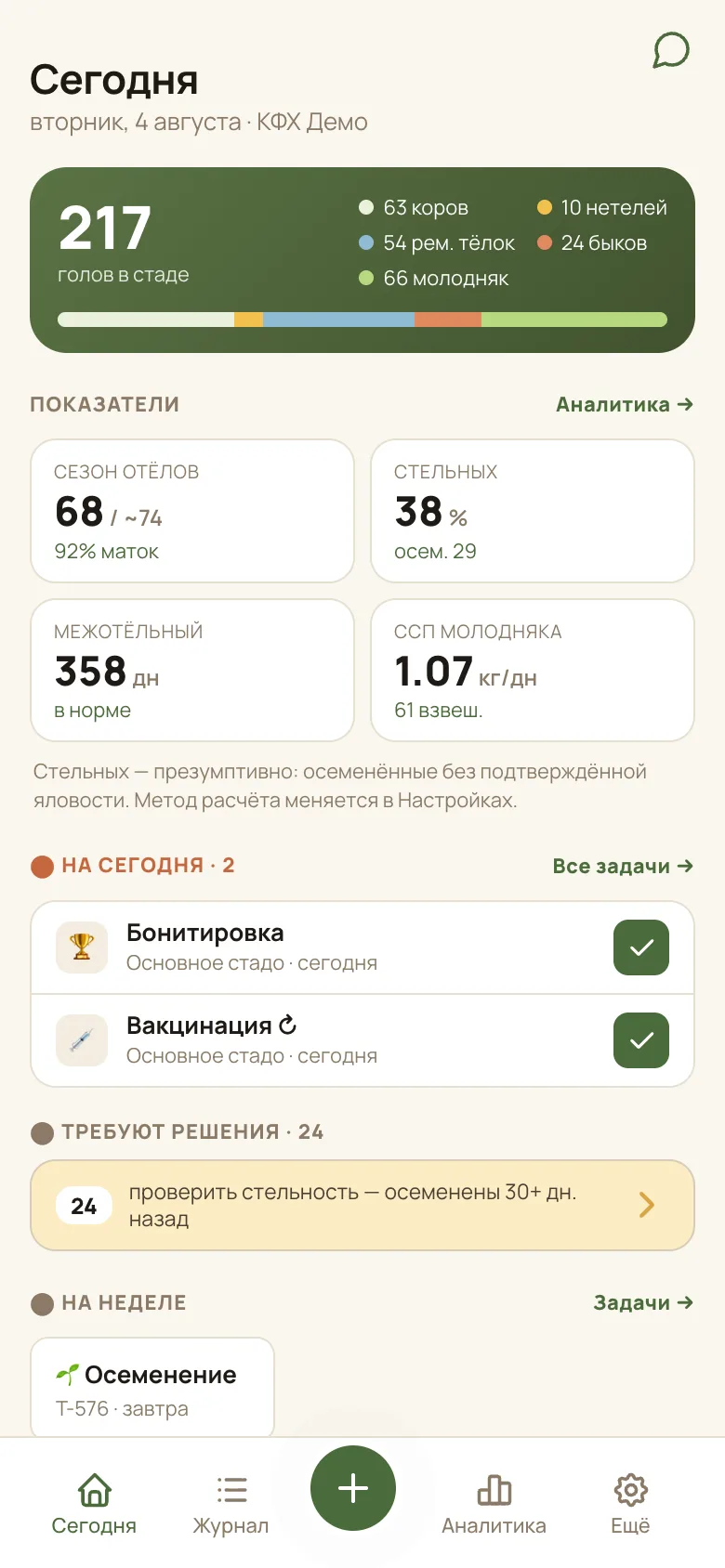 Экран «Сегодня»: 217 голов в стаде, показатели стельности и привесов, задачи дня